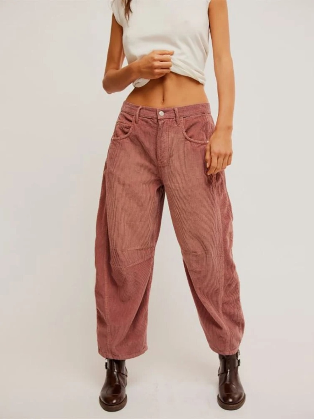 We The Free Good Luck Mid-Rise Cord Barrel Jeans in Withered Rose